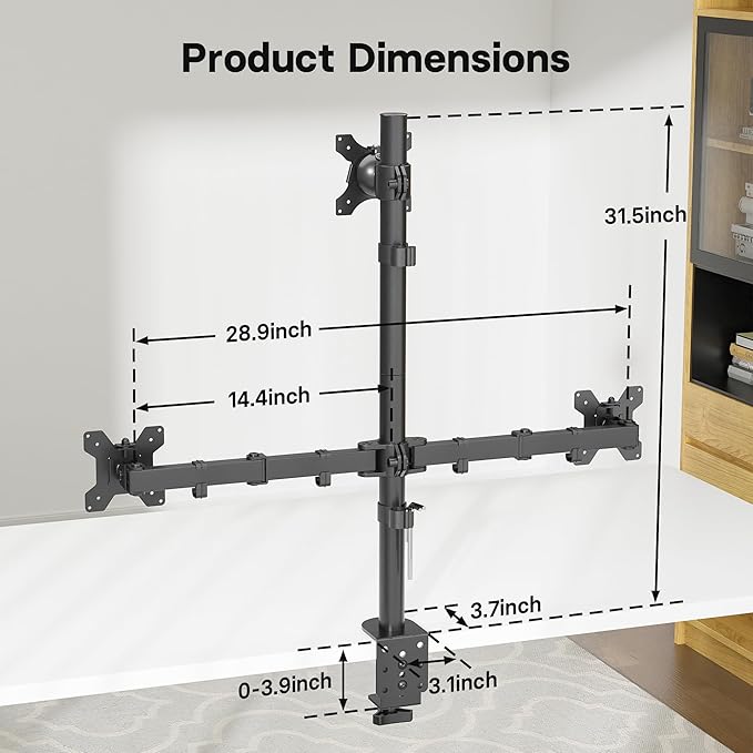 BONTEC Triple Monitor Desk Mount, Supports 13-32 Inch Screens, Full Motion Adjustability, VESA 75x75/100x100mm, Up to 22lbs per Arm, C Clamp and Grommet Mounting Options, Cable Management