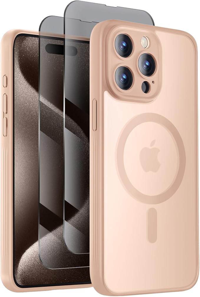 Symcele Designed for iPhone 15 Pro Case, Compatible with MagSafe, with Privacy Screen Protectors X2, [Camera Protection] [15FT Military Drop Protection] Shockpoof Phone Case, 6.1'', Light Brown