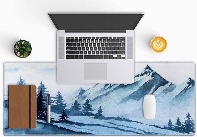 Watercolor Winter Mountains Landscape Desk Mat, Extended Big Mouse Mat for Home and Office, Large Gaming Mousepad Laptop Keyboard Mat with Non-Slip Rubber Base, Stitched Edges (31.50"x11.8"x0.12")