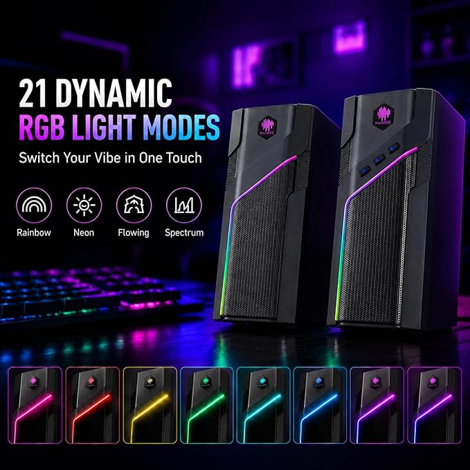 W-206RE Bluetooth RGB Computer Speakers, 2.0 Stereo PC Speakers with 21 LED Light Modes, Touch Control, USB Powered Desktop Speakers for PC, Laptop, PS5