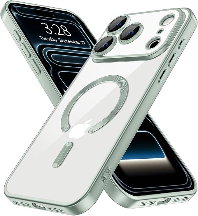 Hython Magnetic Clear for iPhone 17 Pro Case with Camera Lens Protector [Compatible with MagSafe] Luxury Plating Edge Slim Soft TPU Cover Protective Phone Case for iPhone 17 Pro 6.3", Matte Mint