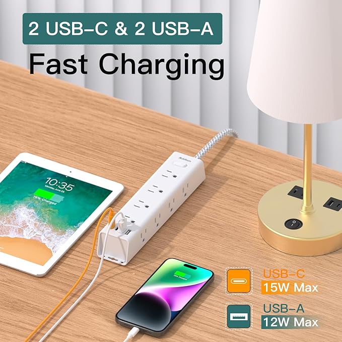 Addtam Power Strip Surge Protector with 12 AC Outlets & 4 USB Ports, 25FT Extra Long Extension Cord, Flat Plug Wall Mount, 1050J, Outlet Extender for Garage Workshop Basement Office, ETL Listed, White