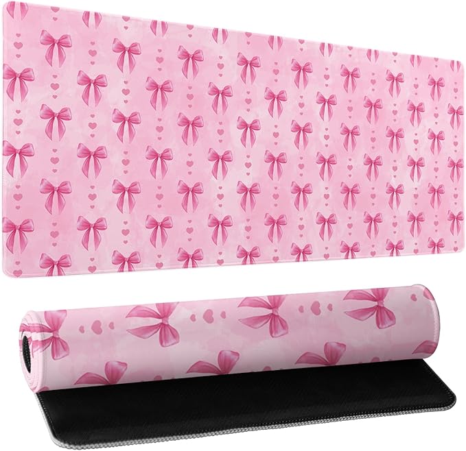 Pink Bows Mouse Pad Extended Large 35.4x15.7in Coquette Kawaii Desk Mat Preppy Trendy Computer Large Mousepad Non-Slip Rubber Base Stitched Edge Gaming Mousepad PC Computer Desk Pad for Work Desktop