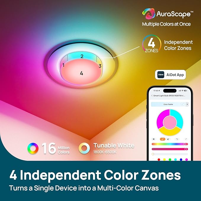 Linkind Matter BR30 Smart Light Bulbs with Stretchable Design & 4-Zone Aurascape Color, 850LM Recessed Smart Flood Light Bulb, Works with Alexa/Apple Home/Google Home, Music Sync Light Show, 1 Pack