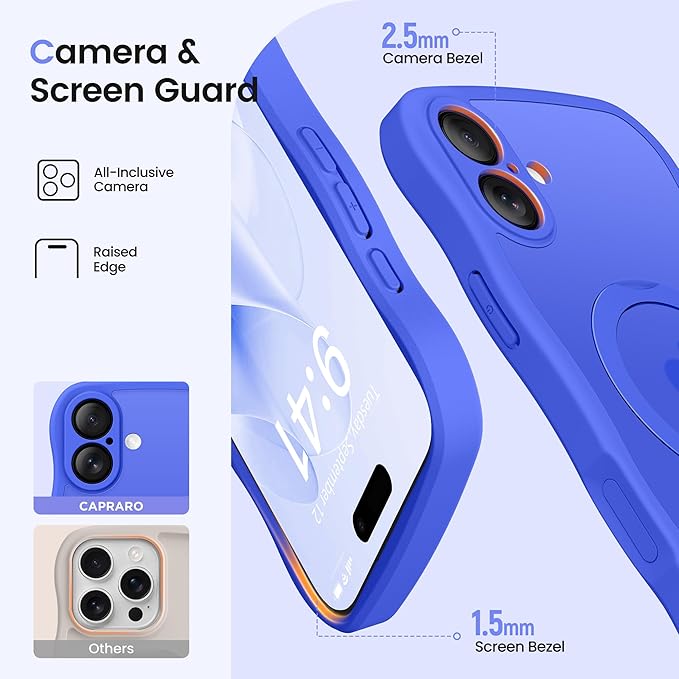 CAPRARO for iPhone 16 Case with 360° Spin Magnetic Stand for Women, [Compatible with MagSafe] [Full Camera Protection] Cute Wave Translucent Matte Case for iPhone 16, Ultramarine