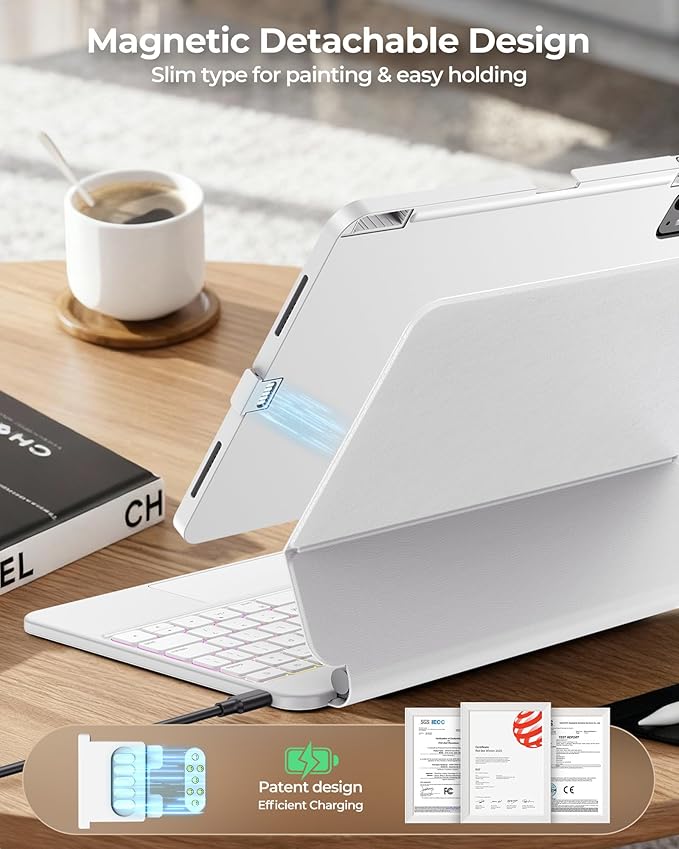 SIBEITU for iPad Air 11 Inch Case with Keyboard M4/M3/M2 (2026/2025/2024) & iPad Pro 11” 2018-2022/Air 5th/4th Gen, Detachable Case with Contact Connector, Magnetic Stand, Backlit Keyboard, White