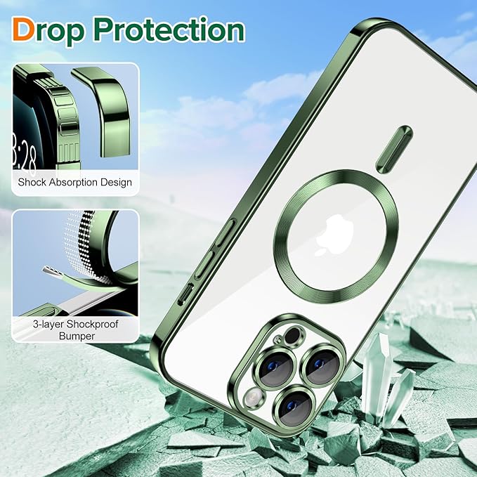 Hython Magnetic Clear for iPhone 12 Pro Max Case with Camera Lens Protector [Compatible with MagSafe] Plating Edge Slim Soft TPU Cover Protective Phone Case for iPhone 12 Pro Max 6.7", Deep Green