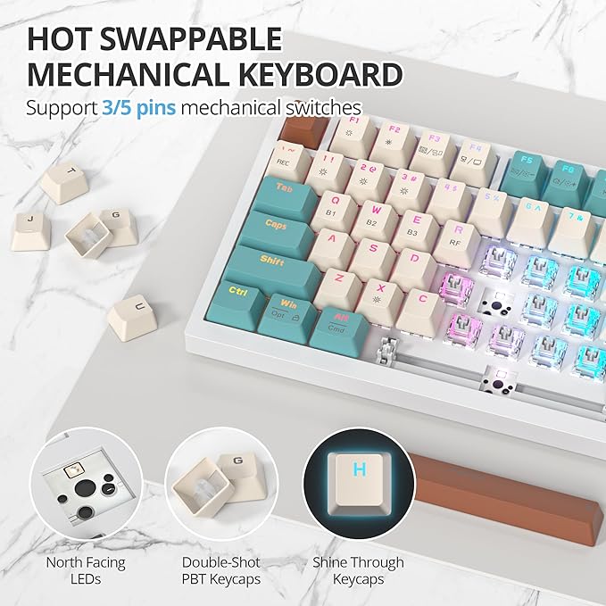 400PRO 75% Wireless Creamy Mechanical Keyboard Bluetooth, Gasket Hot Swappable RGB Gaming Keyboard, Bluetooth/2.4GHz/USB-C Thocky Keyboard with Pre-lubed Cream Grey Switches (82 Brown White)