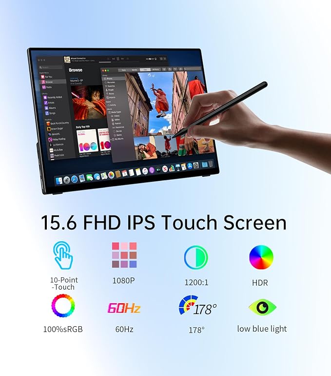 Portable Monitor Touchscreen 15.6" FHD IPS 10-Point Touch Screen, Travel Monitor with Pen & Protective Sleeve & Built-in Stand, Support Active Stylus, HDMI USB C External Screen for Mac, Laptop, PC