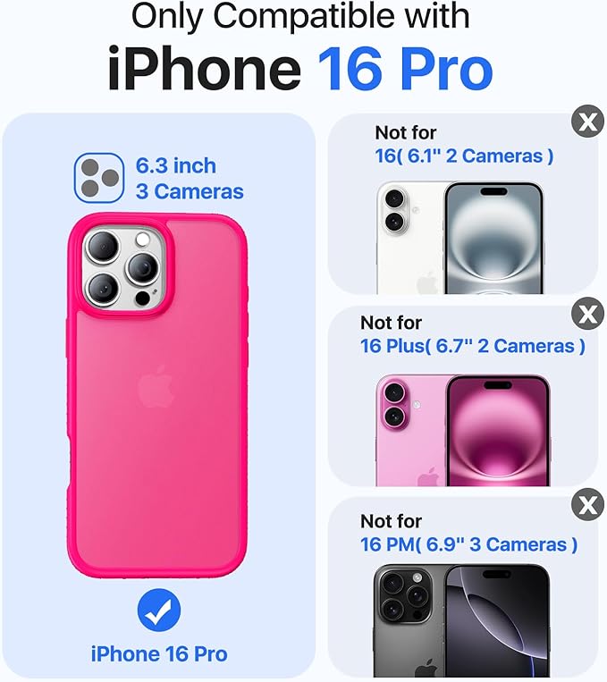 for iPhone 16 Pro Case, [Military-Grade Drop Protection][Anti-Yellowing] Shockproof Protective Translucent Matte Cover for iPhone 16 Pro Phone Case,Hot Pink