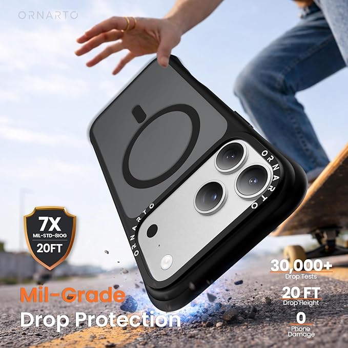 ORNARTO Magnetic for iPhone 17 Pro Max Case, 20FT Military-Grade Drop Protection, Compatible with MagSafe, Slim Shockproof Translucent Matte Phone Case for iPhone 17 Pro Max 6.9", Black
