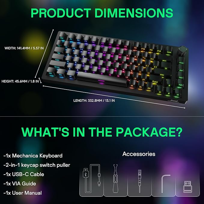 HINATSUSIKE H83 Pro 75 Percent Wireless Mechanical Keyboard for Gaming, Hot-Swappable with Knob, RGB Backlit, Pre-Lubed Cardamom Linear Switches, Side-Printed PBT Keycaps, 2.4G/BT5.0/USB-C Black