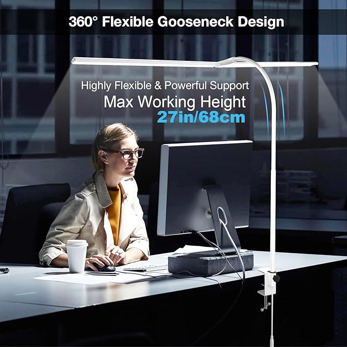 Hensam 31.5 Inch LED Desk Lamp, Double Head Desk Light with Clamp for Home Office, 5 Color Temperatures, Dimmable Task Lighting for Workbench Monitor Study, White