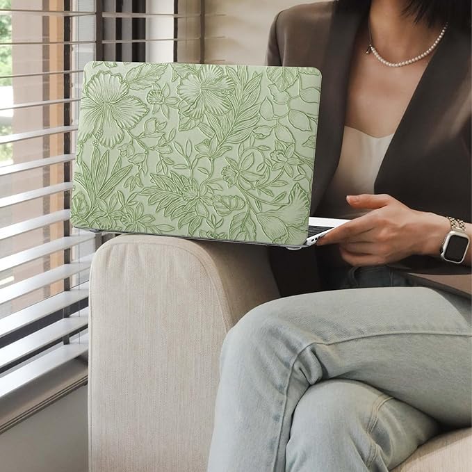 iCasso for MacBook Air 13 Inch Case M5 2026 2025-2022 A3449 M4 A3240 M3 A3113 M2 A2681, Retro Leather Hard Shell Case for MacBook Air 13.6 Inch+Keyboard Cover+Screen Protector, Green Embossed Floral