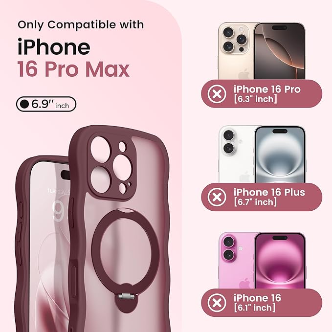 CAPRARO for iPhone 16 Pro Max Case with 360° Spin Magnetic Stand for Women, [Compatible with MagSafe] [Full Camera Protection] Cute Wave Translucent Matte Case for iPhone 16 Pro Max, Wine Red