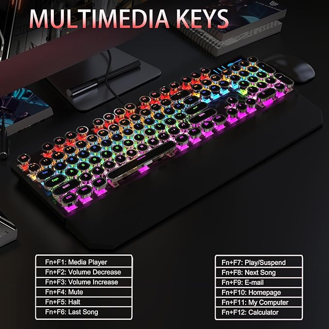 Camiysn Typewriter Style Mechanical Gaming Keyboard, Black Retro Punk Gaming Keyboard with RGB Backlit, 104 Keys Blue Switch Wired Cute Keyboards, Round Keycaps for Windows/Mac/PC