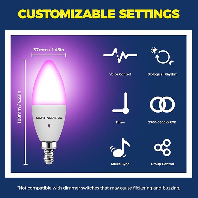 Lightinginside E12 Smart Light Bulbs 60W Equiv., 500LM 6W RGBCW Candelabra Chandelier Candle Bulb Works with Alexa/Google Home/Smart Life, 2.4G WiFi Bluetooth Bulbs, No Hub Required, ETL Listed, 3PCS