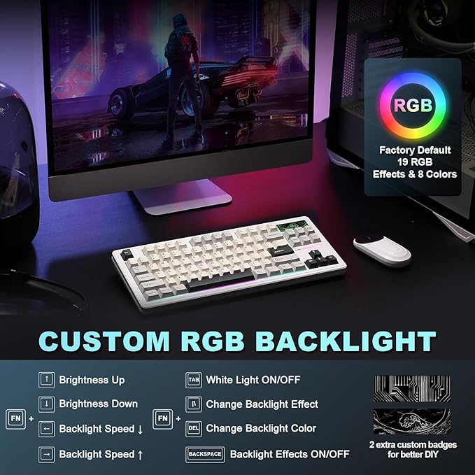 YUNZII YZ87 Gasket Mechanical Keyboard,TKL Wireless Hot Swappable with 5-Layer Padding, BT5.0/2.4G/USB-C NKRO RGB Backlit for Win/Mac(White, Milk Switch)