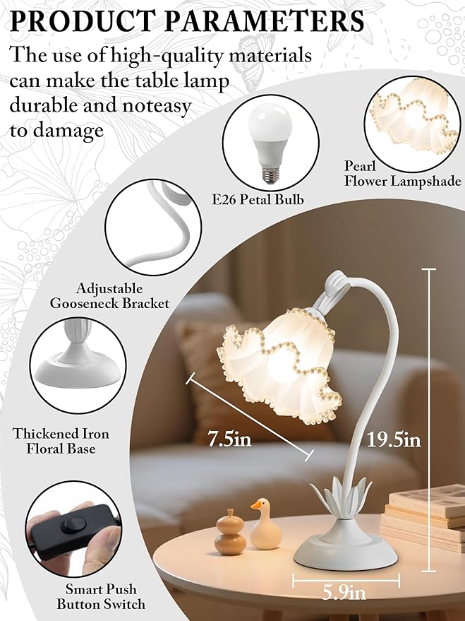 AQDZCNF Flower Table Lamp,LED Reading Light Bedside Vintage Flower Night Light,3 Colors Modes Kawaii Bedside Lamps Decor,Living Room Bedroom Room Lighting Table Lamps Home Decoration (White Pearls)