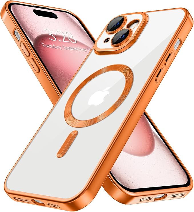 Hython Magnetic Clear for iPhone 15 Plus Case with Camera Lens Protector [Compatible with MagSafe] Luxury Plating Edge Slim Soft TPU Cover Protective Phone Case for iPhone 15 Plus 6.7", Matte Orange