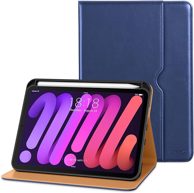DTTO for iPad mini 7th (A17 Pro) 2024/iPad Mini 6th Generation Case 2021 8.3 Inch, Premium Leather Business Folio Stand Cover for Mini 7/6 with Pencil Holder-Multiple Viewing Angles, Navy Blue