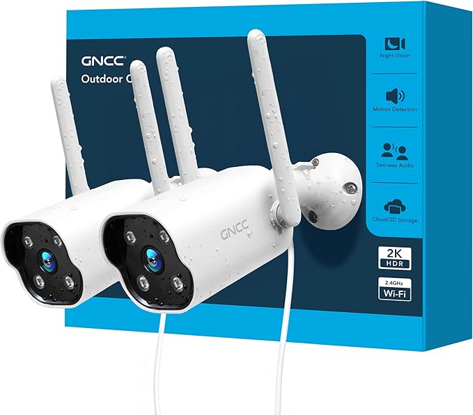 GNCC Security Camera Outdoor, 2K Cameras for Home Security, Color Night Vision, Motion Detection, 2-Way Audio, 24/7 Recording, Cloud & SD Card Storage, IP65 Waterproof, 2.4GHz WiFi (White-2P)