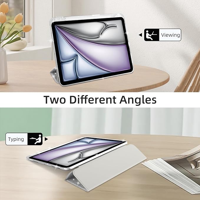 Case for iPad Air 13 Inch (M4/M3/M2, 2026/2025/2024) & iPad Pro 12.9 6/5th Gen (2022/2021), Glittering Sparkly Cover with Shiny Clear Back Shell, Trifold Stand Case with Pencil Holder, Silver