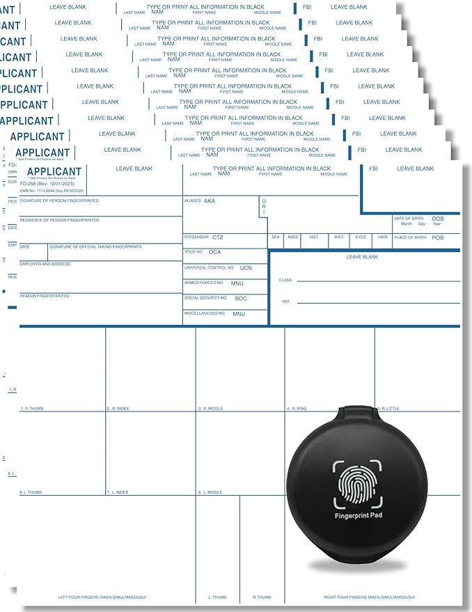 Fingerprint Cards FD-258, Reusable Ink Pad, 25 Pack, Fingerprint Cards