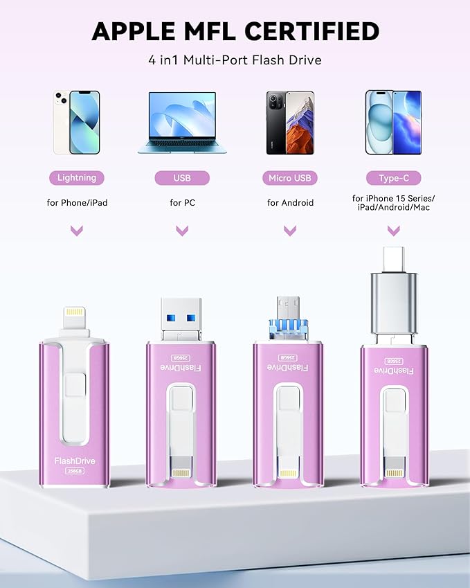 MFi Certified Flash Drive for iPhone iPad 256GB, Photo Stick for External Memory Storage, Easily Back Up and Save Photos Videos, USB Memory Stick Thumb Drive for iPhone/iPad/Android/PC (Purple)