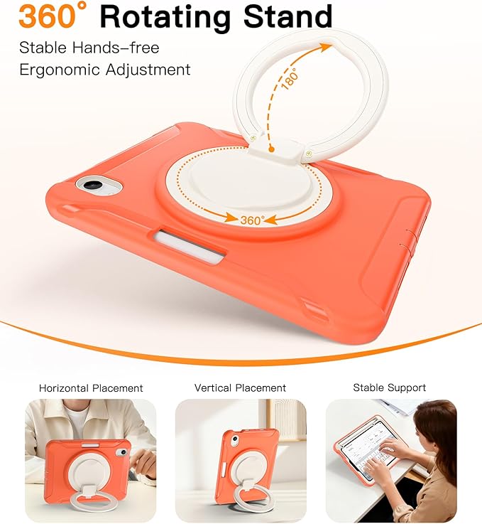 BATYUE Shockproof Case for iPad mini 7 (A17 Pro)/ Mini 6 8.3 inch (2024/2021) - 360° Multi-Angle Stand (Portrait & Landscape) & Grip, Built-in Pencil Holder, Coral Orange