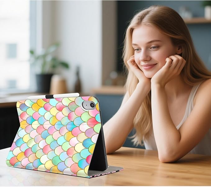 for iPad (A16) 11Th/10Th Generation Case 2025/2022, for iPad Case 11Th/10Th Generation, Fit iPad 10Th/11Th Gen Cover Pencil Holder/Hand Strap/Pocket/Adjustable Stand, Pink Fish Scale