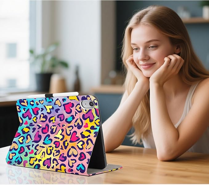 for iPad (A16) 11Th/10Th Generation Case 2025/2022, for iPad Case 11Th/10Th Generation, 10Th/11Th Gen iPad Cover Pencil Holder/Hand Strap/Pocket/Adjustable Stand, Love Leopard