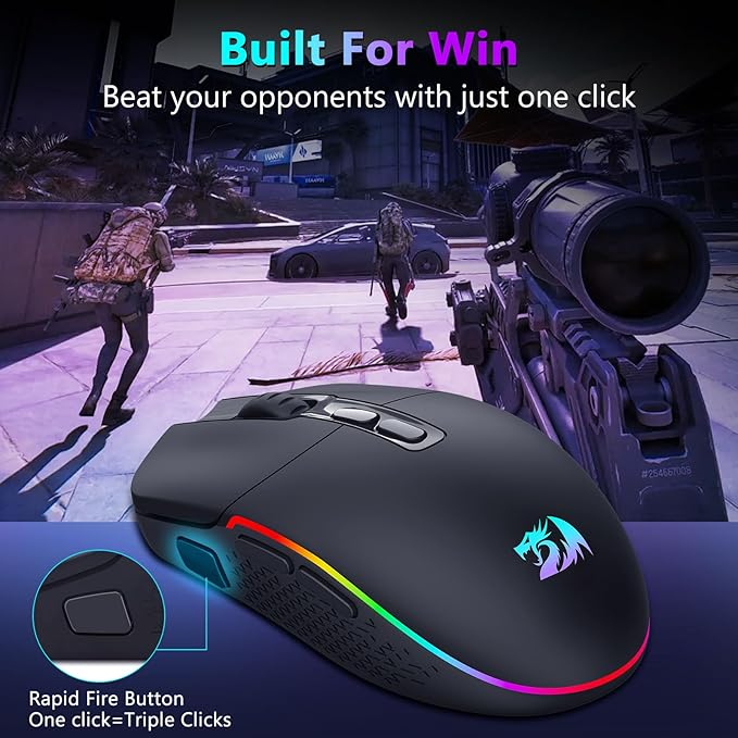 Redragon Wireless Gaming Mouse, Bluetooth/2.4Ghz/USB-C Wired RGB Backlit Gamer Mouse, 24000 DPI, Fully Programmable, Rapid Fire Key, Rechargeable Computer Mouse for Laptop PC Mac, Black