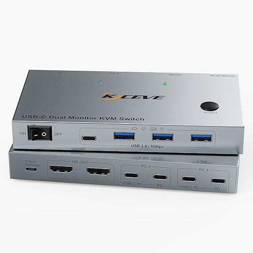 4K60Hz Dual Laptop USB C KVM Switch Dual Monitor, Share 4 USB 3.0 Devices & PD 80W Charging, Plug and Play with Wired Remote and 2 USB-C 3.1 Cables