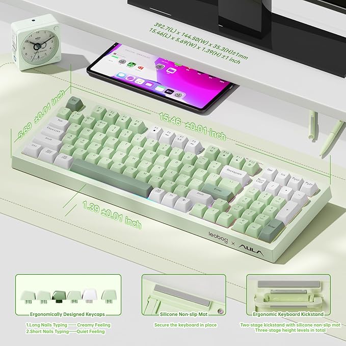 Aula Keyboard, Wireless Gaming Keyboard Bluetooth Computer Keyboards Creamy Color Cute Fun Quiet Keyboard with Number Pad Light Up RGB Backlit Tri-Mode BT/2.4GHz/USB-C - K99 Green