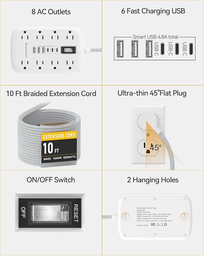 10Ft Extension Cord with Multiple Outlets, Flat Plug Surge Protector Power Strip 10 Ft Long Cord, 8 Outlets & 6 USB (3 USB C), Desk Charging Station for Home Office, College Dorm Room Essentials