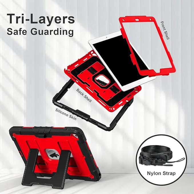 Kids Friendly Case for Apple iPad 10.2" 9th 8th 7th Generation 2021/2020/2019 Case with Pencil Holder & Shoulder Strap, Military Grade Shockproof Kickstand Hard Shell Protective Cover,Black+Red