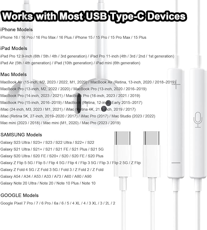 2 Packs USB C Headphones，Type C for iPhone Wired Headphones for iPhone 16/15/17 Earbuds with Mic and Volume Control，Hi-Fi Stereo In Ear Earphones for Galaxy S24/S23~S20/Ultra Note 10/20，Purple+Blue