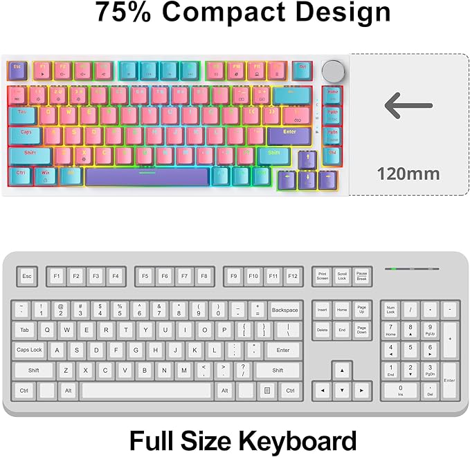 Fogruaden Wired Hot Swappable 75% Percent Mechanical Keyboard, Red Switch, TKL Pink Mechanical Keyboard, Gasket Mount, RGB Backlit Compact Gaming Keyboards with Volume Knob(Pink)