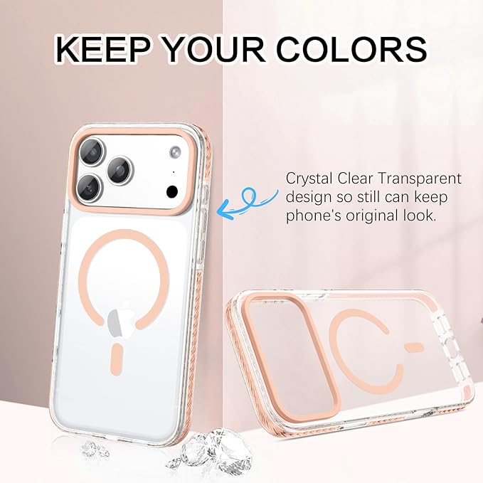 BENTOBEN Magnetic for iPhone 17 Pro Max Case 6.9", Compatible with Magsafe Shockproof Protective Bumper Cute Transparent Slim Anti-Yellowing Phone Case for iPhone 17 ProMax Cover, Clear Light Orange