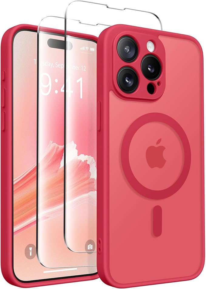 CAPRARO Magnetic for iPhone 15 Pro Max Case, [Compatible with MagSafe] [Full Camera Protection] Shockproof Protective Slim Translucent Matte Phone Case for iPhone 15 Pro Max 6.7'', Red
