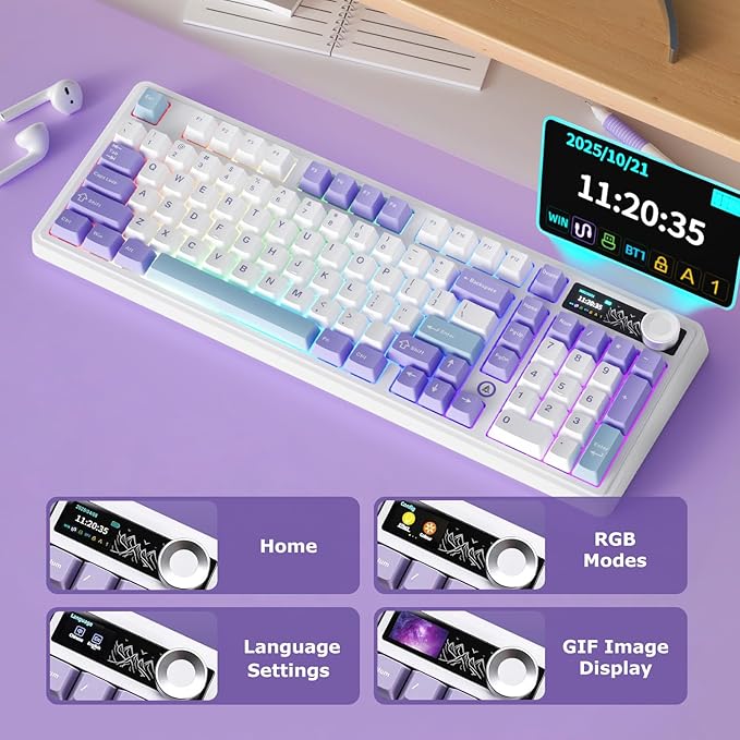 AK980 97Keys Tri-Mode Full Mechanical Keyboard, Gasket-Mounted, Hot-Swappable, 1.14” TFT Smart Display, Bluetooth 5.1/2.4G Wireless/Wired, PBT Keycaps RGB Backlit (Purple, Qingyun Tactile Switch)