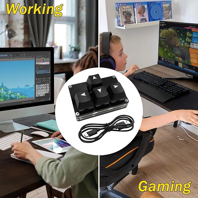 BTXETUEL Mini 4-Key Keypad WASD Arrow Key Keycaps Keyboard One-Handed Mechanical Gaming Keypad Programmable USB-C Customized Keyboard for Working or Gaming (Black, Arrow Keycaps 1)