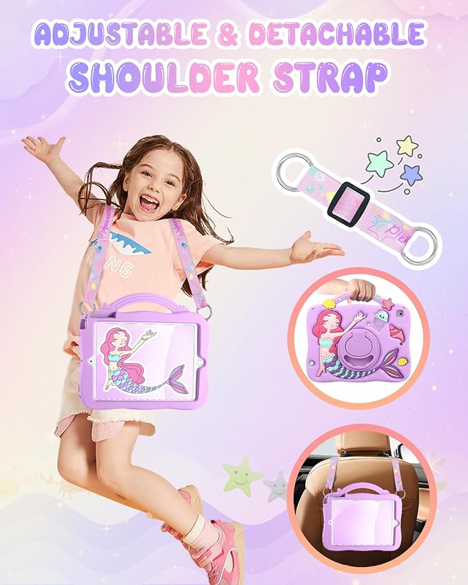 Boaretiu for iPad 6th/5th Generation Case - Pro 9.7 Inch Cute Cartoon Mermaids Girls Teens Soft 3D Silicone for iPad Air 2/Air 1 Tablet Cover with Strap & Rotating Stand