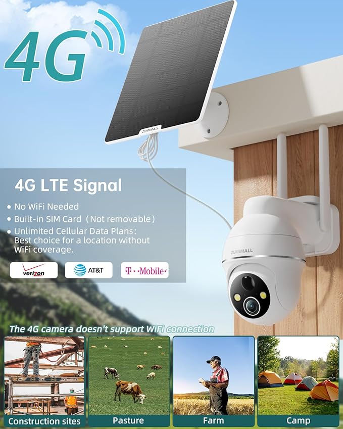 ZUMIMALL 4G LTE Cellular Security Camera, No WiFi Outdoor Camera Wireless, Solar Powered Off Grid Cameras, 360° Live View, 2K Color Night Vision, PIR Motion Sensor, 2 Way Talk, Built in SIM Card