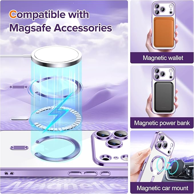 Hython Magnetic Clear for iPhone 17 Pro Case with Camera Lens Protector [Compatible with MagSafe] Luxury Plating Edge Slim Soft TPU Cover Protective Phone Case for iPhone 17 Pro 6.3", Light Purple