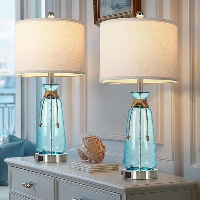 Rinweey 26" Coastal Lamps for Living Room Set of 2,3-Way Dimmable Bedside Lamps with USB Ports and AC Outlet, Nautical Lamps for Nightstand Bedroom Living Room,Teal