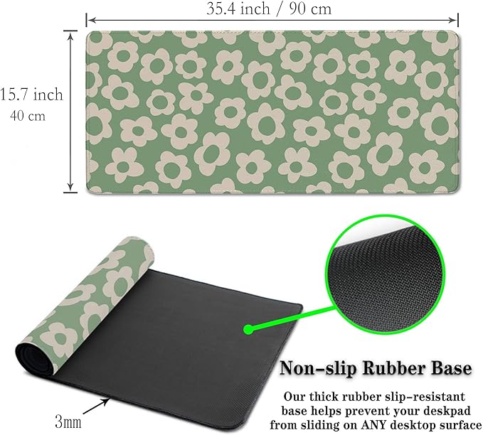 Keyboard Mouse Pad Green, Office Big Desk Pads Desk Decor for Girls Gaming Mouse Pads, Long Gaming Mouse Pad Non-Slip Rubber Base, 35.4 X 15.7 inch for Work/Game/Office/Home Vintage Flowers