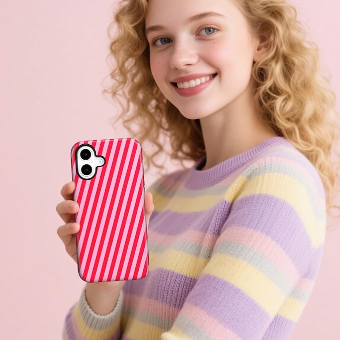 Magnetic for iPhone 17 Case Cute Diagonal Stripes Phone Case, Shockproof Slim TPU and Hard PC Protective Phone Cover Compatible with MagSafe Designed for Women Girls,Red