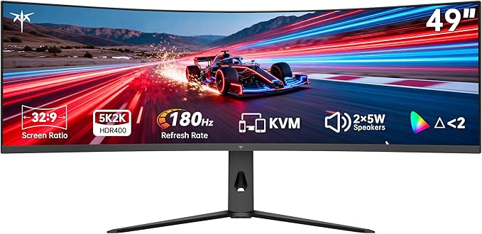 KTC Ultrawide 49 In Curved Gaming Monitor, 5K2K 5120x1440 Computer Monitor DQHD, 180Hz, 32:9, HDR 400, 90W Type-C HDMI DP Port, Bulit-in KVM, Speakers, Adaptive Sync, Tilt Swivel Height Adjust, H49S66